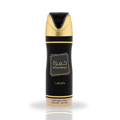 Lattafa Khamrah Deodorant Spray 200ml bottle with sleek packaging, designed for lasting freshness and skin comfort.