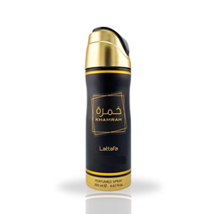 Lattafa Khamrah deodorant spray 200ml, featuring a sleek bottle with a silver cap and fresh scent design.