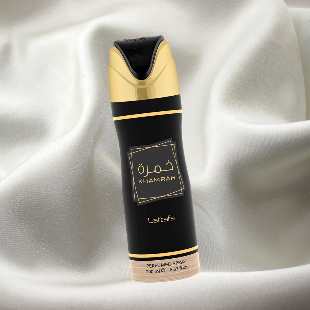 Lattafa Khamrah deodorant spray in 200ml bottle, featuring a sleek design and fresh scent, ideal for everyday use.