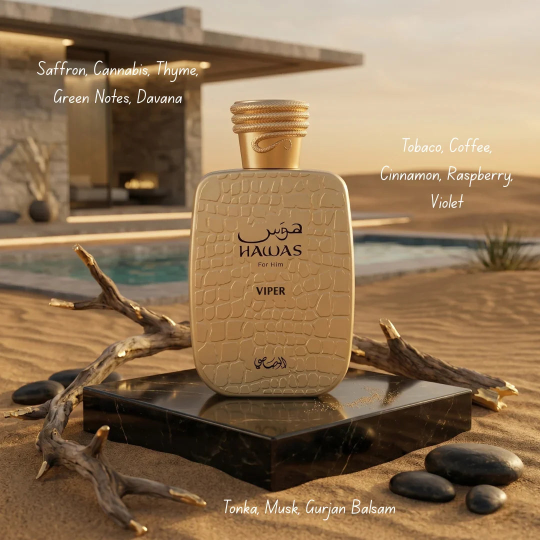 Rasasii Hawas Viper 3-piece perfume gift set with bottles and packaging, perfect for gifting or personal use.