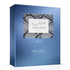 Hawas Ice by Rasasi 2-piece perfume travel gift set with bottles and packaging in a sleek design.