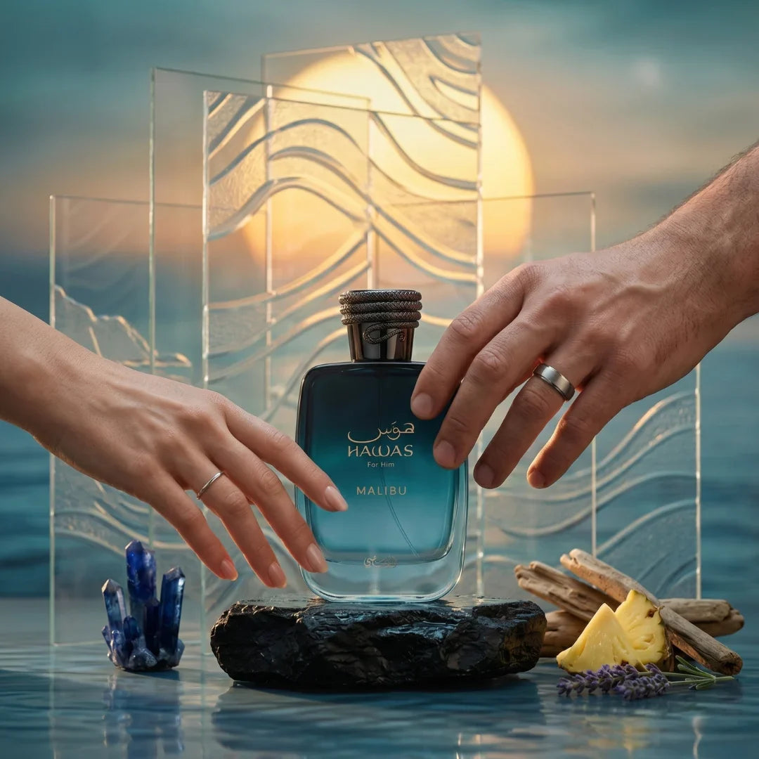 Hawas Malibu Eau de Parfum Spray by Rasasi, 100ml bottle, with a sleek design and vibrant packaging.