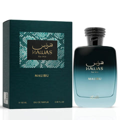 Hawas Malibu Eau de Parfum Spray by Rasasi, 100ml bottle with elegant packaging and fragrance details visible.