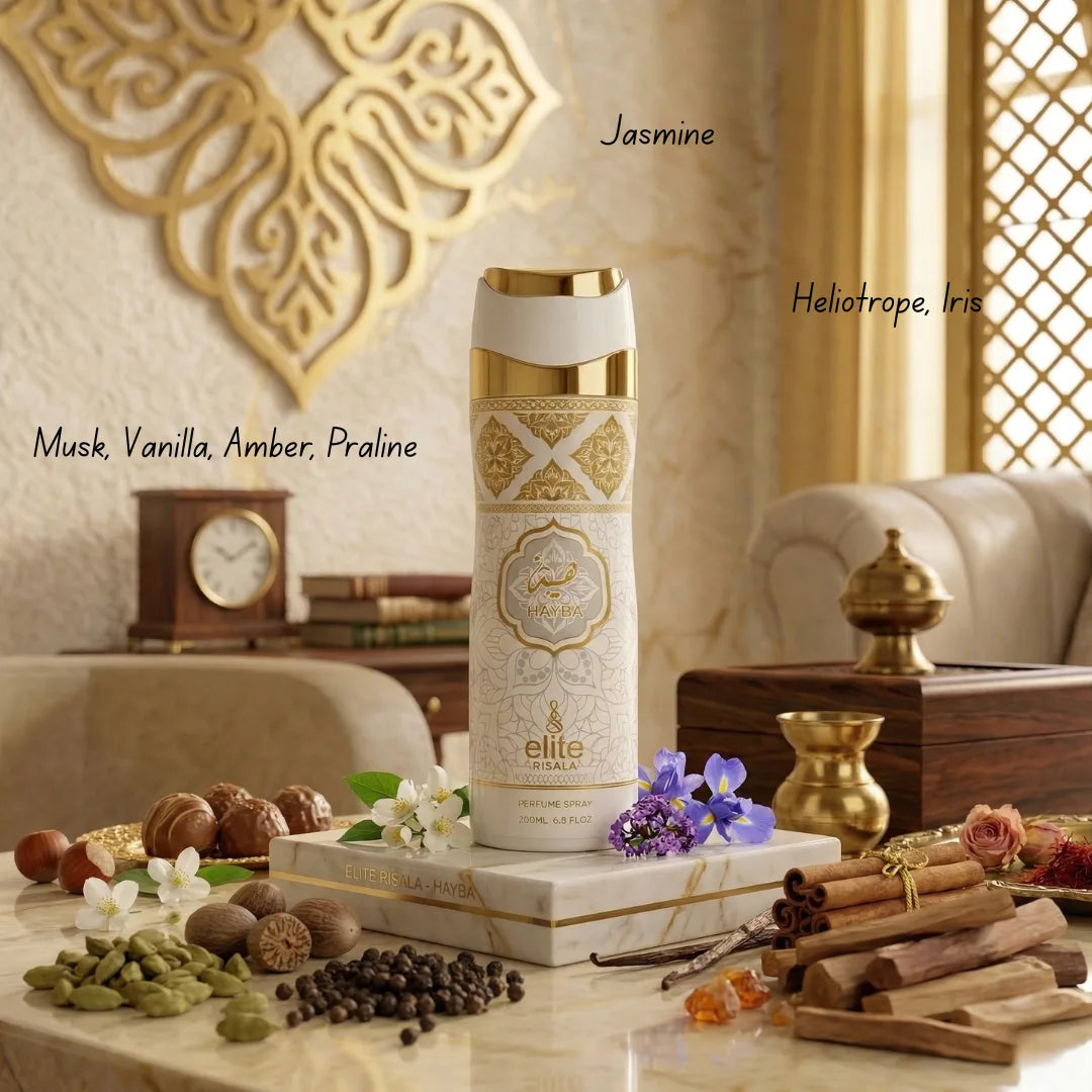 Elite Risala Hayba Body Spray 200ml deodorant bottle with a sleek design and spray nozzle.