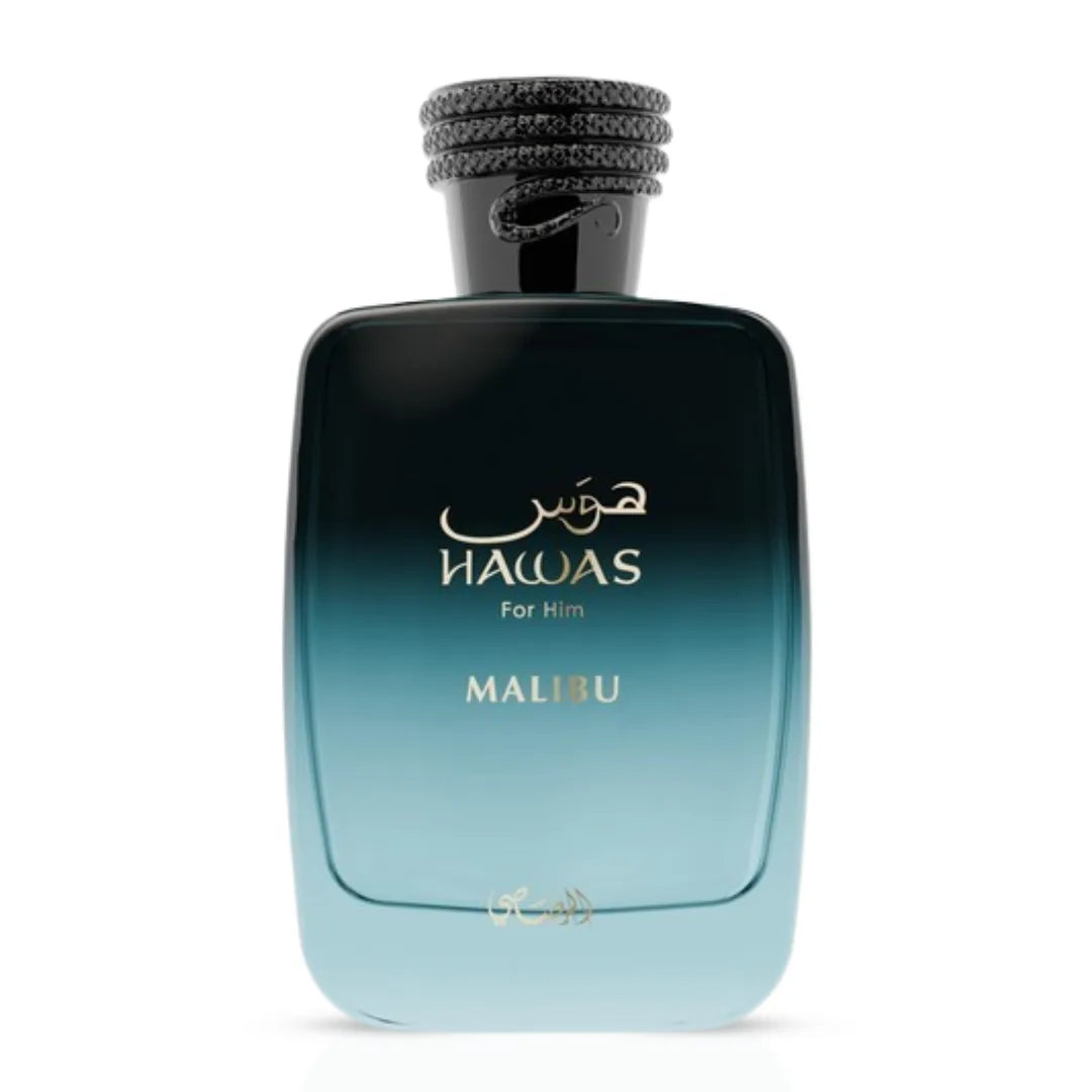 Rasasi Hawas Malibu Eau de Parfum spray 100ml bottle, featuring a sleek design and blue accents.