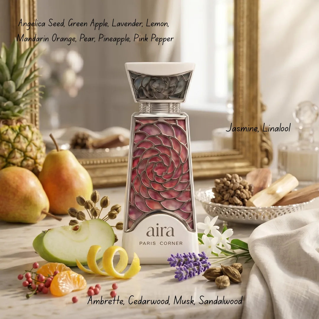 Aira Eau De Parfum Spray by Paris Corner, 100ml bottle with elegant packaging, showcasing the fragrance design.
