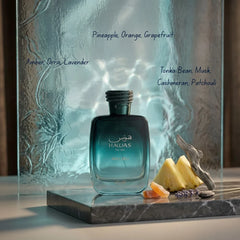 Rasasi Hawas Malibu Eau de Parfum spray 100ml bottle with sleek design and clear glass visible in the image