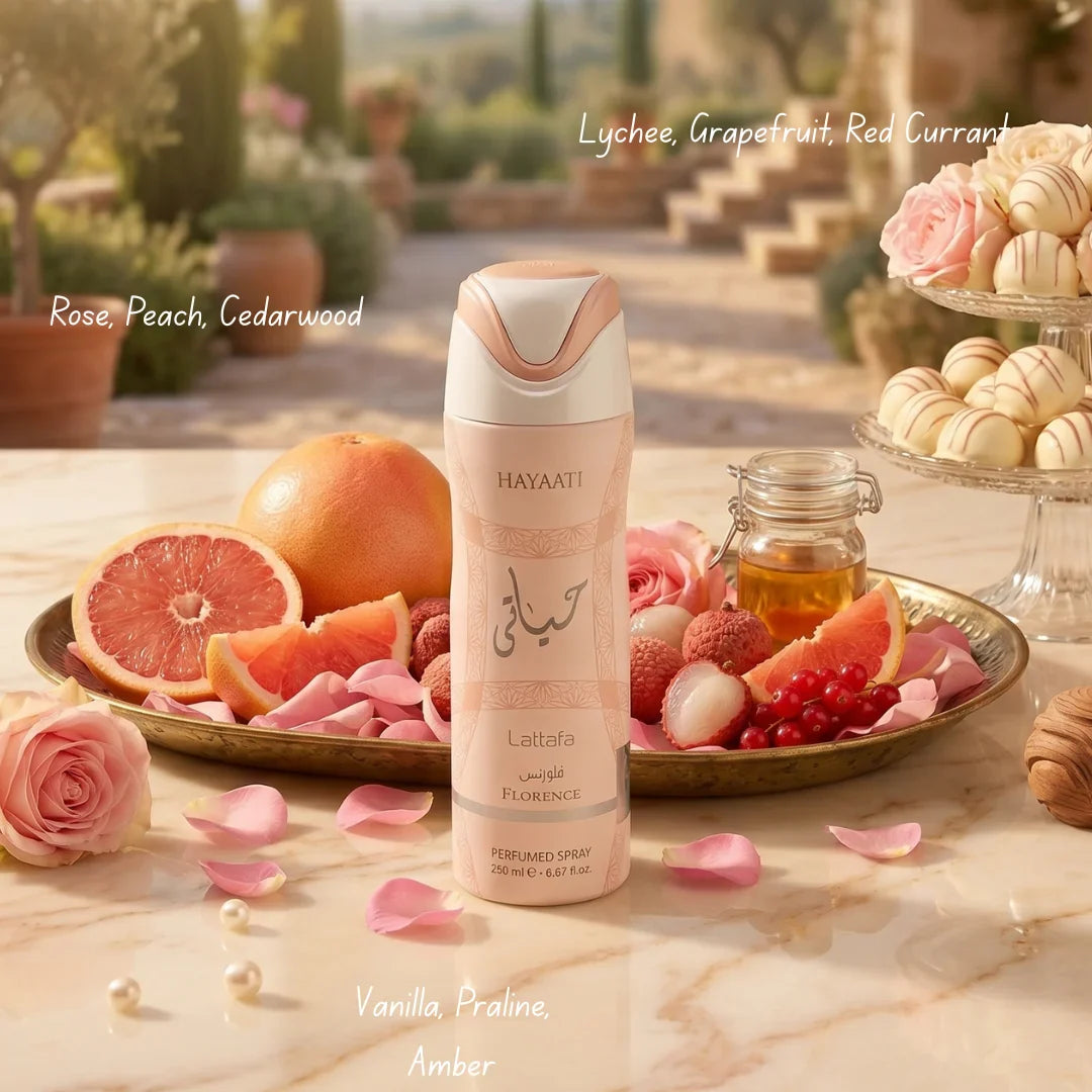 Lattafa Hayaati Florence Deodorant 200ml spray bottle showing floral design and product label.