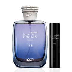 Rasasi Hawas Ice 2-piece perfume travel gift set with bottles and packaging, ideal for gifting or travel use.