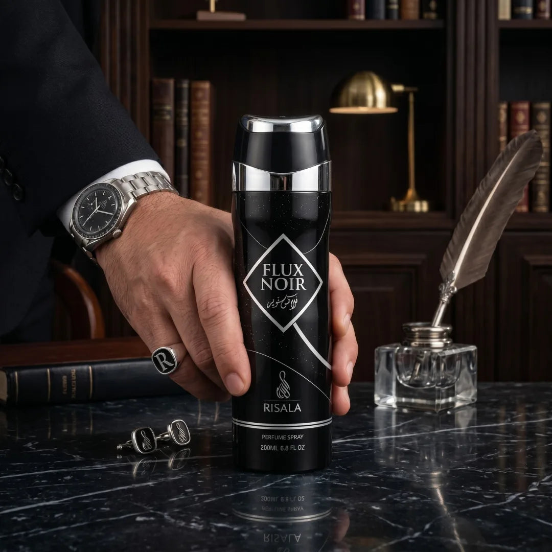 Flux Noir body spray by Elite Risala in 200ml bottle, featuring sleek black packaging and a modern design.