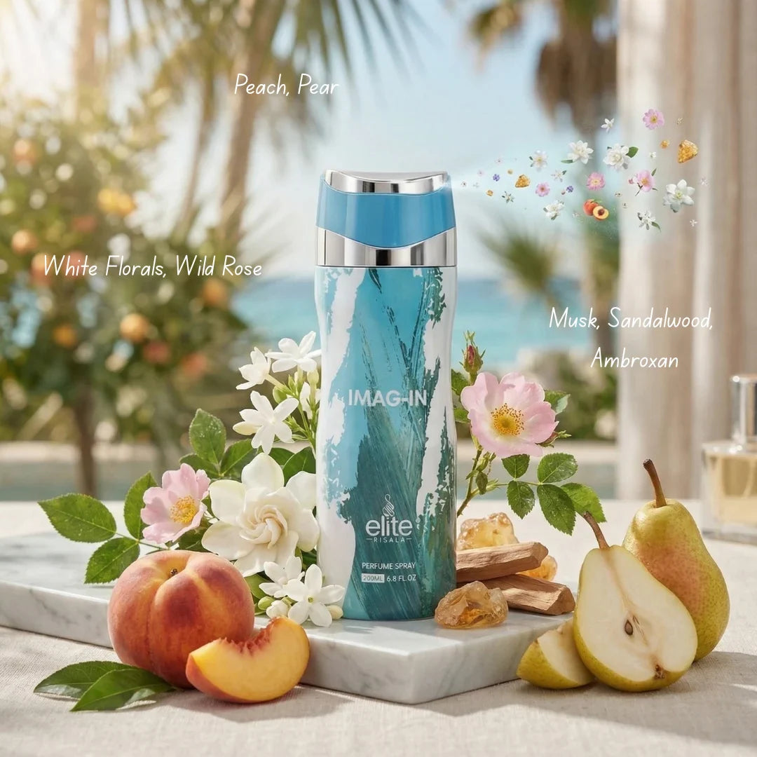 Elite Risala Imag-In Body Spray 200ml deodorant bottle with sleek design, showcasing the product ready for use.
