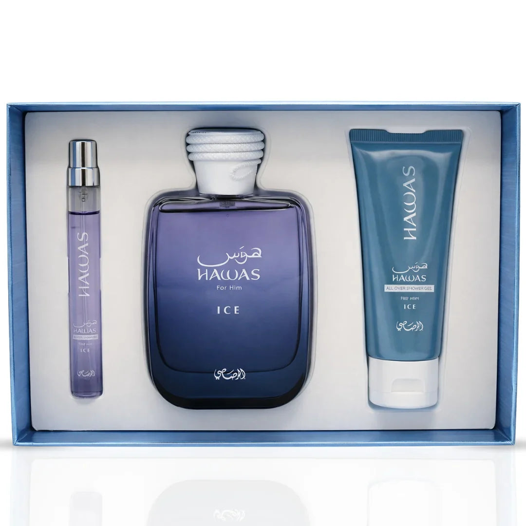 Hawas Ice 3-piece perfume gift set by Rasasi, featuring elegant bottles of scented fragrances in a stylish gift box.
