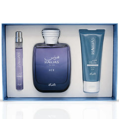 Hawas Ice 3-piece perfume gift set by Rasasi, featuring elegant bottles of scented fragrances in a stylish gift box.