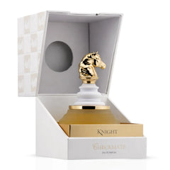 Checkmate White Knight Eau De Parfum spray by Armaf, 100ml bottle, with a sleek white cap and elegant packaging.