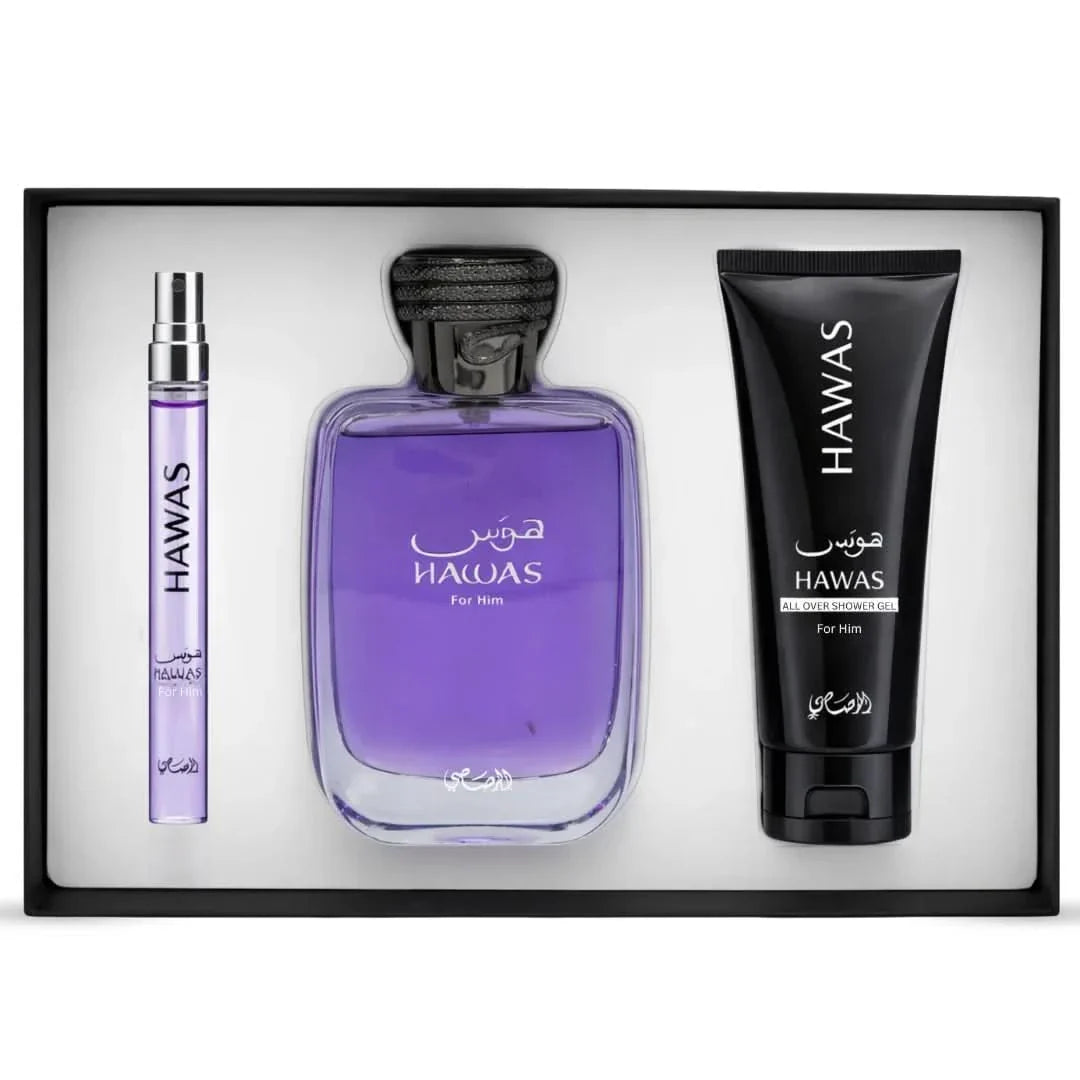 Rasasi Hawas men's 3-piece perfume gift set with bottles and packaging, featuring elegant design and branding.