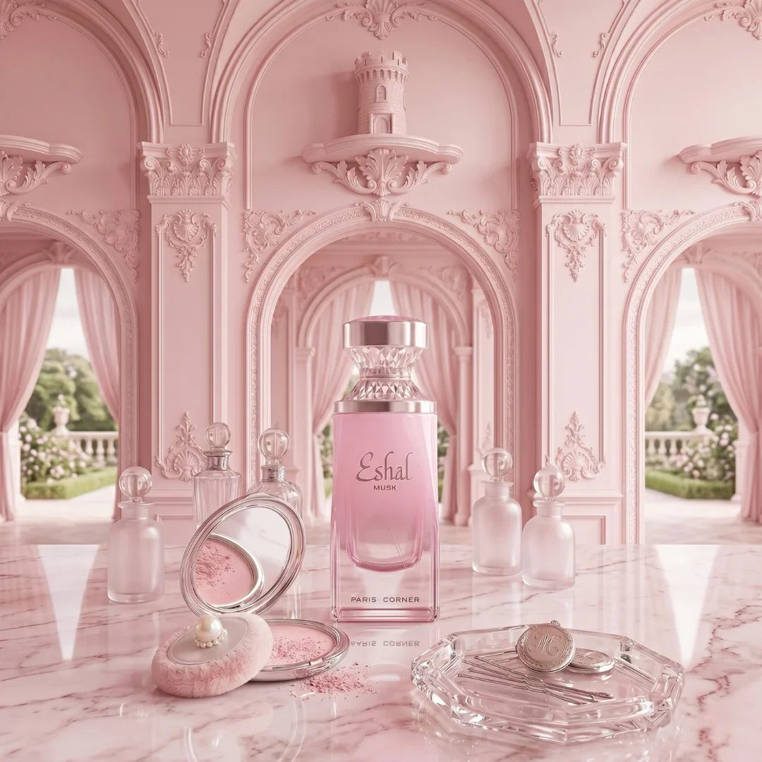 Eshal Musk Eau De Parfum spray bottle by Paris Corner, 100ml (3.4 oz), with elegant packaging and scent notes visible.