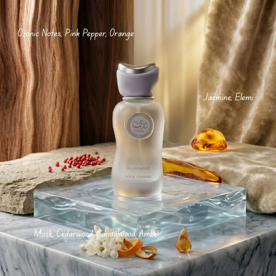 Nada Blumingle Eau De Parfum Spray by Paris Corner, 100ml, featuring elegant perfume bottle with floral and fruity notes.