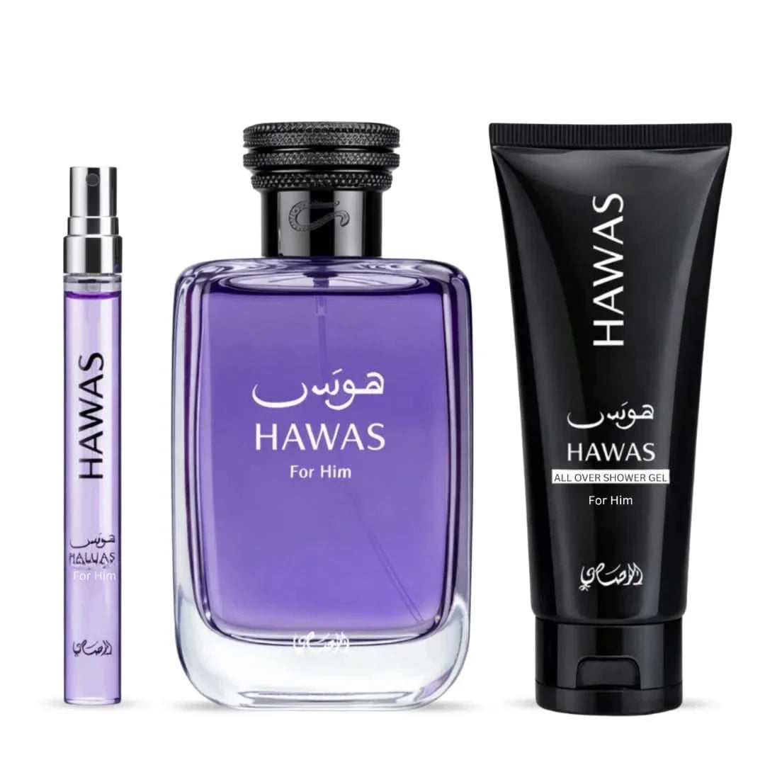 Rasasi Hawas for Men 3-piece perfume gift set with bottles of cologne and aftershave in elegant packaging