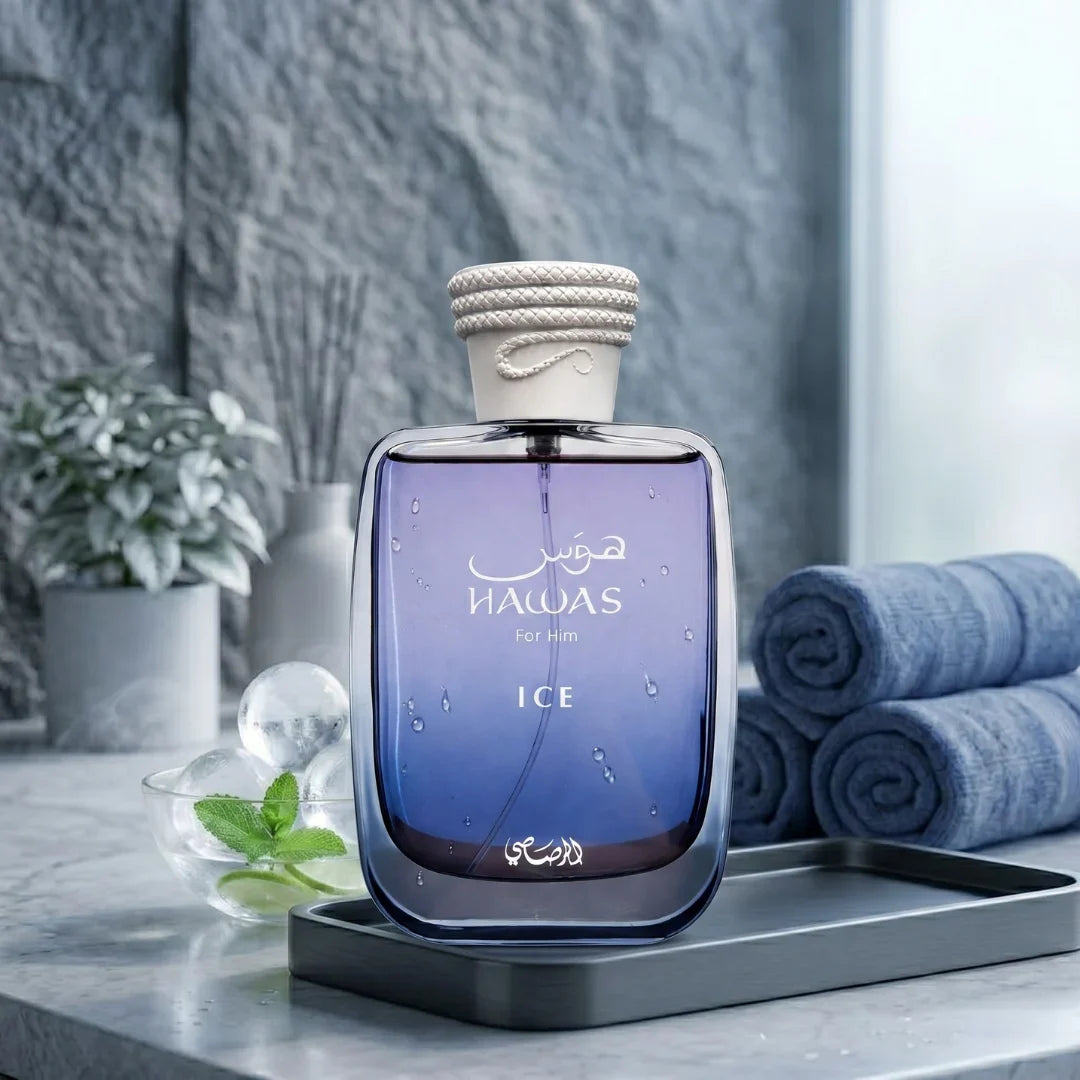 Rasasi Hawas Ice 3-piece perfume gift set featuring bottles of scented colognes in elegant packaging
