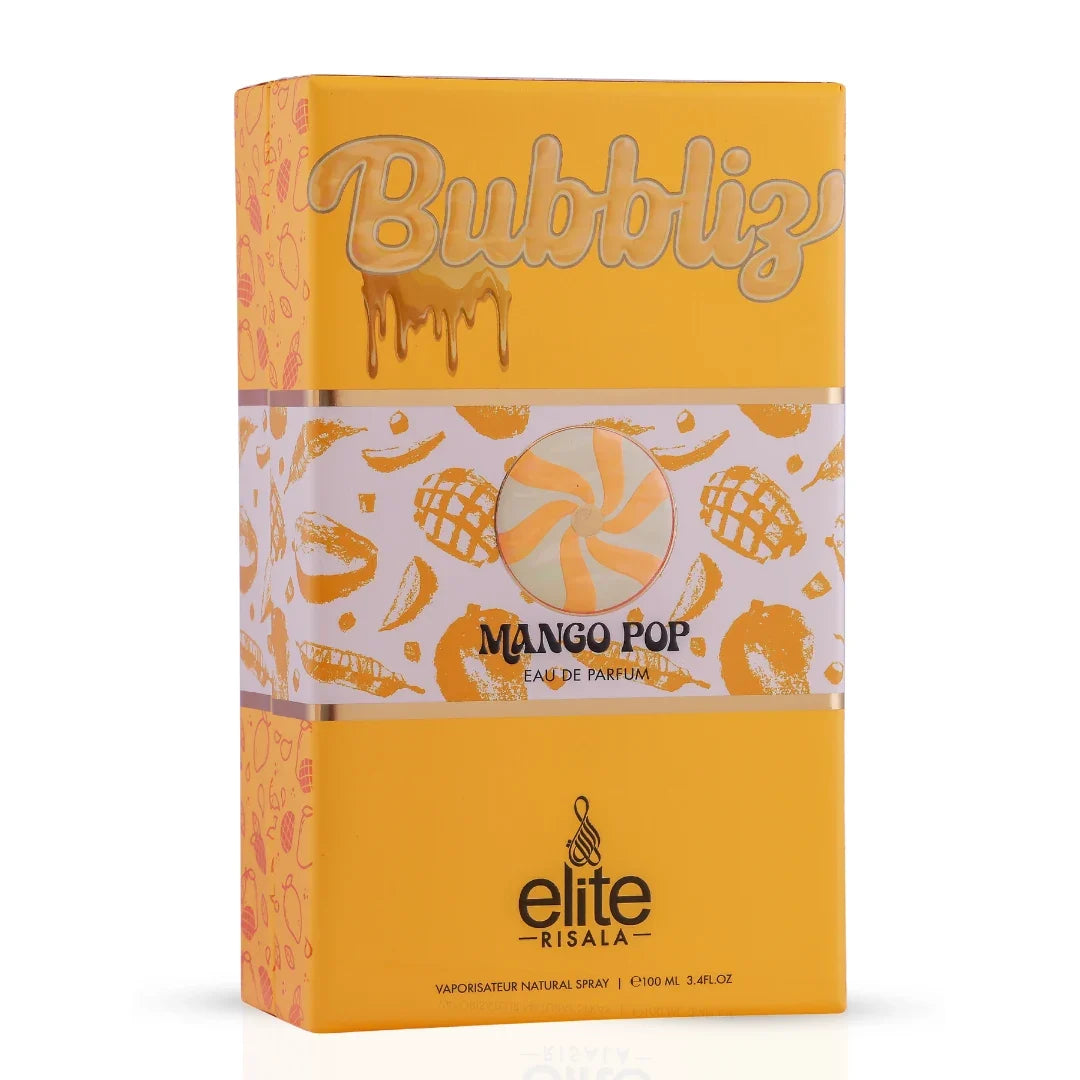 Elite Risala Bubbliz Mango Pop Eau De Parfum spray, 100ml, featuring a vibrant mango fragrance in a sleek bottle.