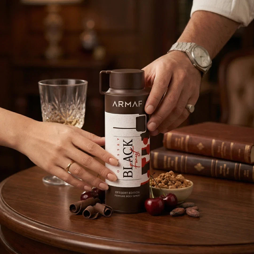 Odyssey Black Forest perfumed body spray by Armaf, 200ml deodorant bottle with black and silver design.