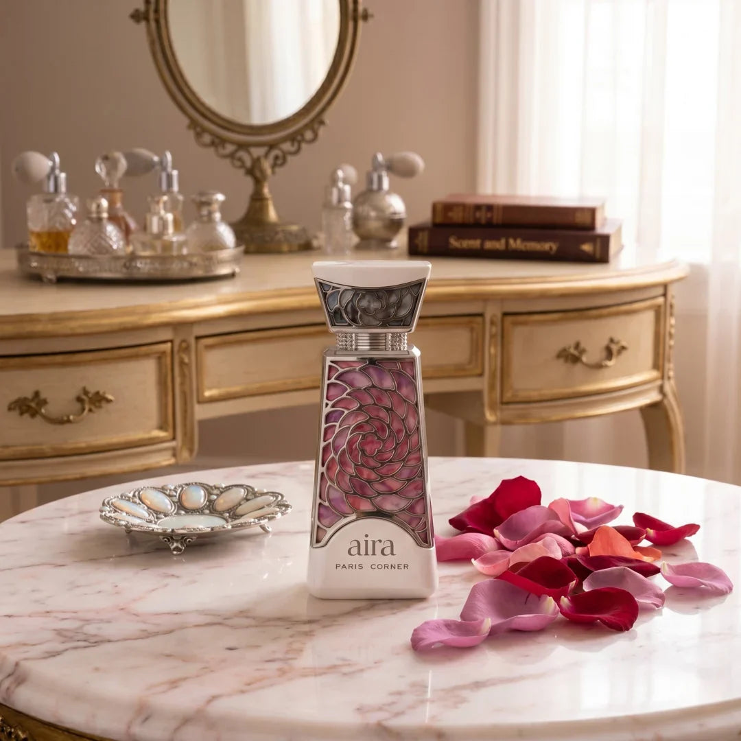 Aira Eau De Parfum Spray by Paris Corner, 100ml (3.4 oz), elegant glass bottle with a sleek design for women.