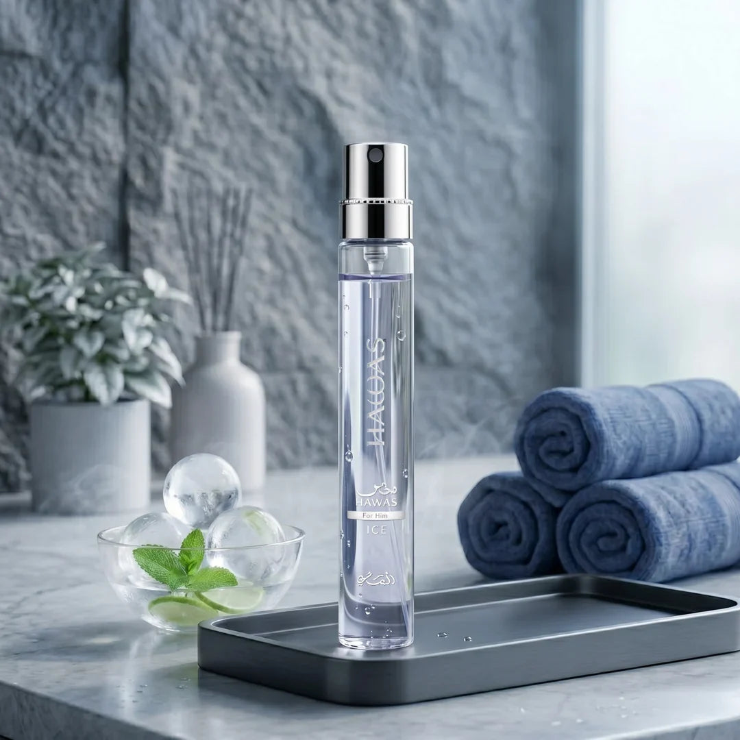 Rasasii Hawas Ice 3-piece perfume gift set with bottles featuring elegant packaging and modern design.