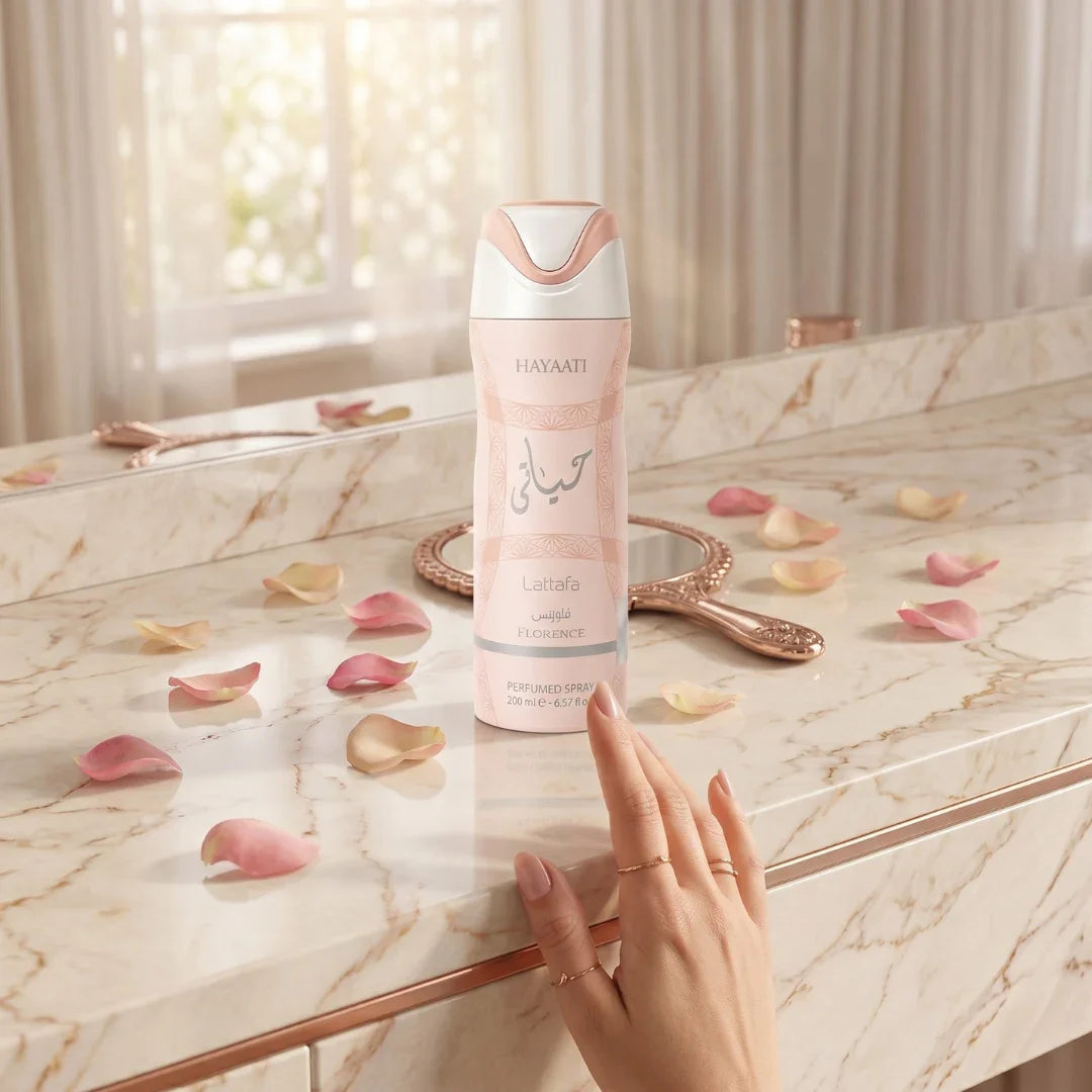 Lattafa Hayaati Florence deodorant spray in 200ml bottle, featuring floral and fresh scent, with elegant packaging.
