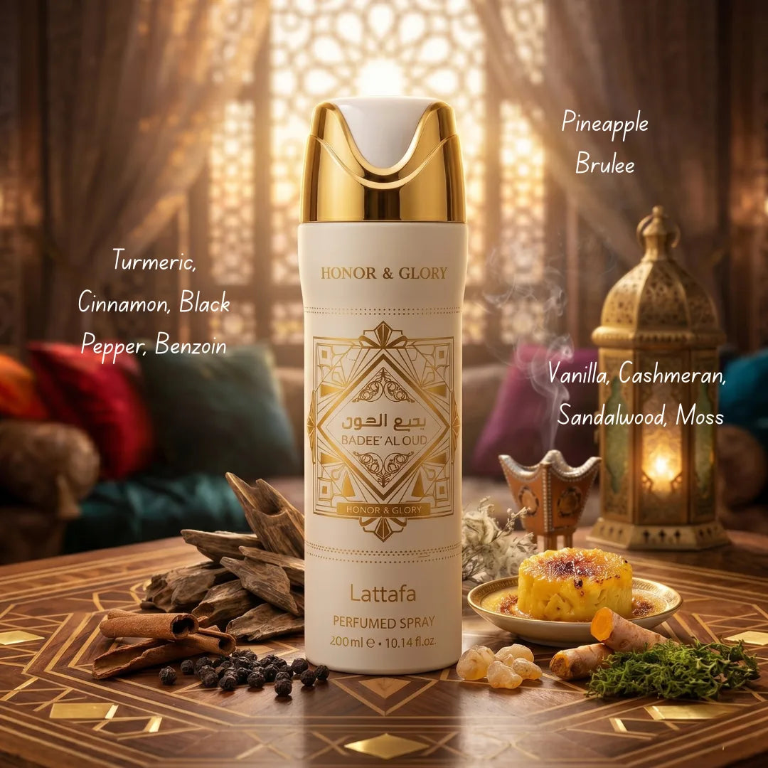 Lattafa Bade’e Al Oud Honor & Glory deodorant 300ml spray bottle with elegant packaging and gold accents.