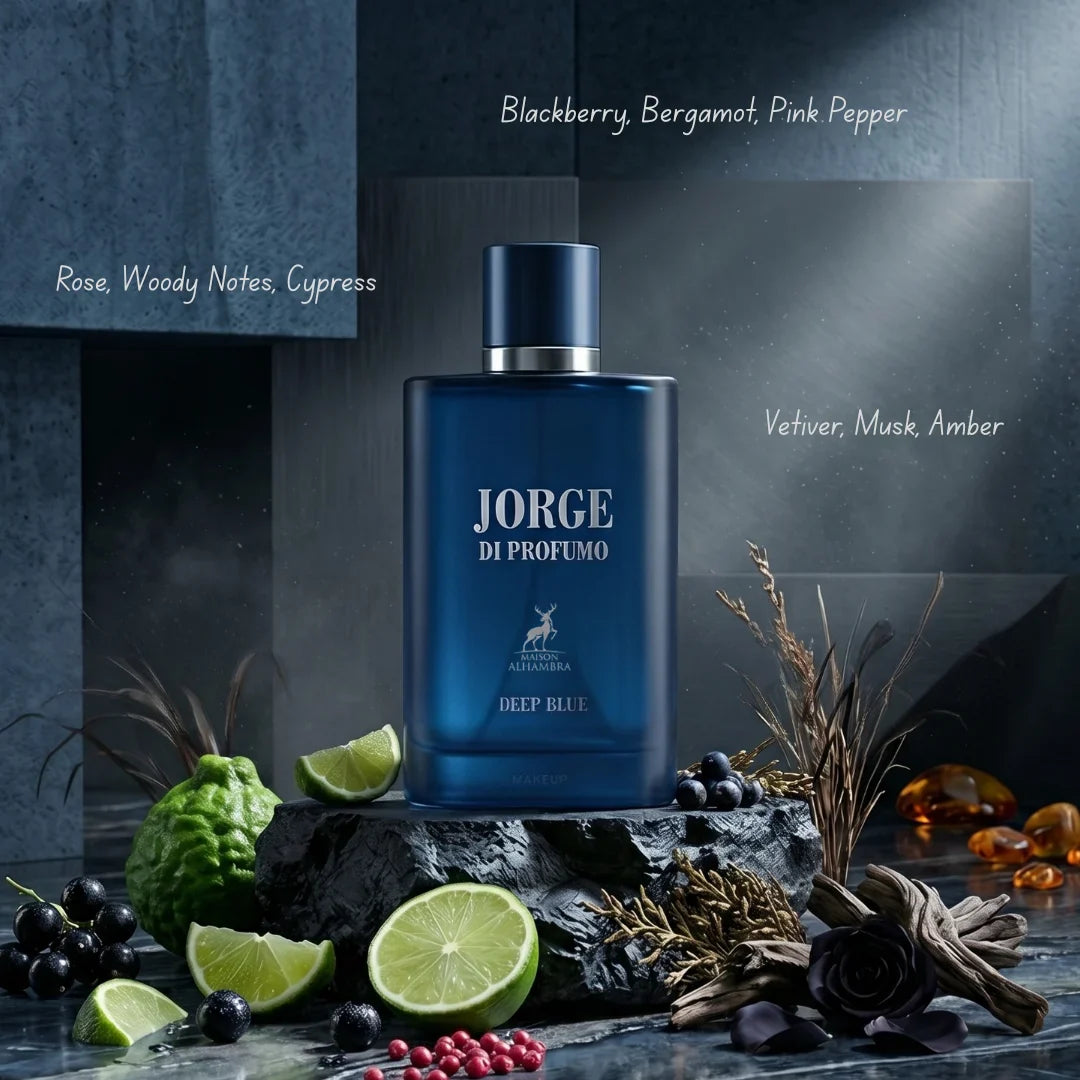 Jorge Di Profumo Deep Blue Eau de Parfum spray by Maison Alhambra, 100ml, featuring a sleek blue bottle with elegant design.