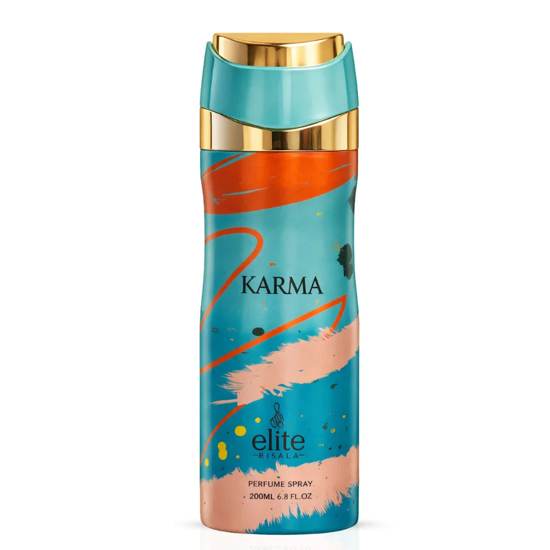 Elite Risala Karma Body Spray 200ml deodorant bottle with sleek design and spray nozzle, fresh scent for everyday use.