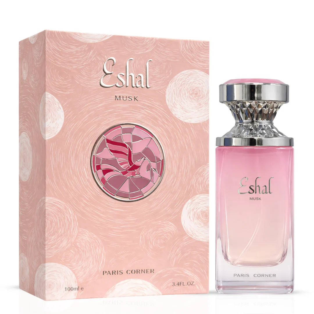 Eshal Musk Eau De Parfum spray by Paris Corner, 100ml, with elegant bottle and floral musk fragrance visible in the image.
