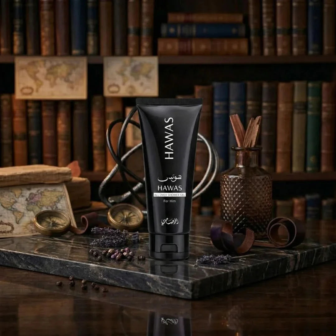 Rasasai Hawas men's 3-piece perfume gift set with bottles and packaging, showcasing elegant design and luxurious fragrance presentation.