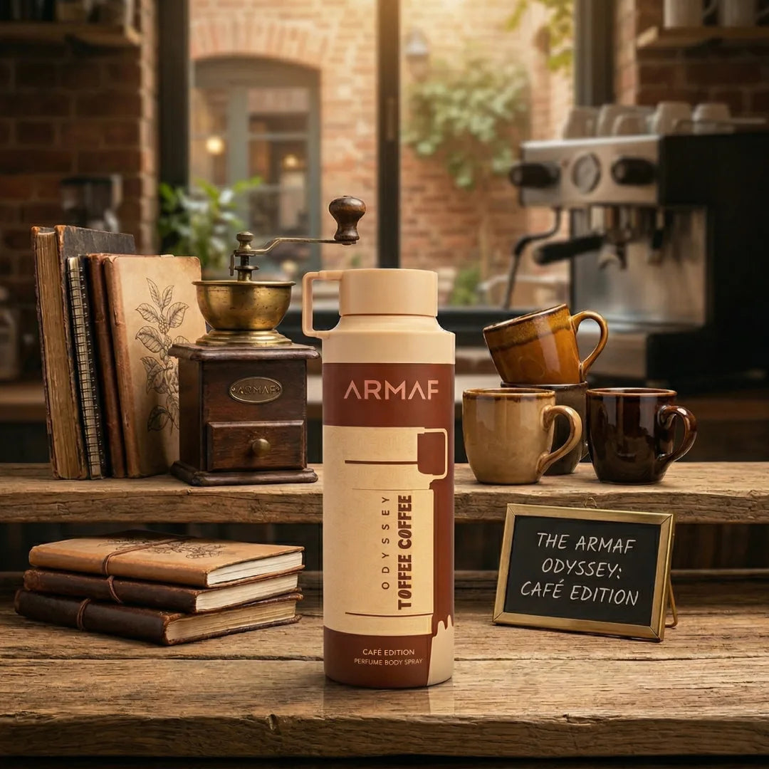 Armaf Odyssey Toffee Coffee perfumed body spray 200ml, deodorant bottle with a sleek design and aromatic scent