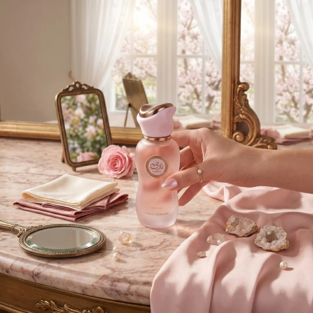 Nada Wink Eau De Parfum Spray by Paris Corner, 100ml bottle, elegant glass container with floral and citrus fragrance details.