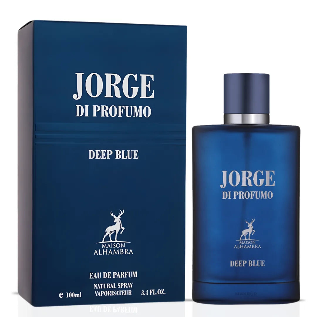 Jorge Di Profumo Deep Blue Eau de Parfum spray by Maison Alhambra, 100ml bottle with deep blue liquid and sleek design.