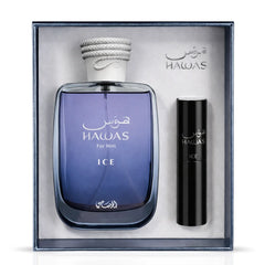 Rasasi Hawas Ice 2-piece perfume travel gift set with bottles and packaging, ideal for gifting or travel use.