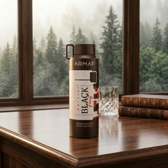 Armaf Odyssey Black Forest perfumed body spray 200ml deodorant bottle with black and gold design, shown on a white background.
