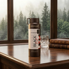 Armaf Odyssey Black Forest perfumed body spray 200ml deodorant bottle with black and gold design, shown on a white background.