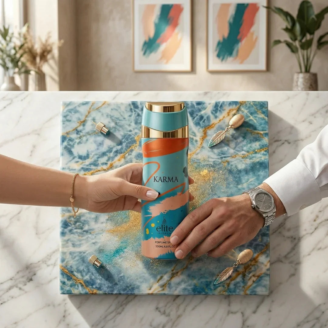 Elite Risala Karma Body Spray 200ml deodorant bottle with sleek design, providing a refreshing scent and long-lasting freshness