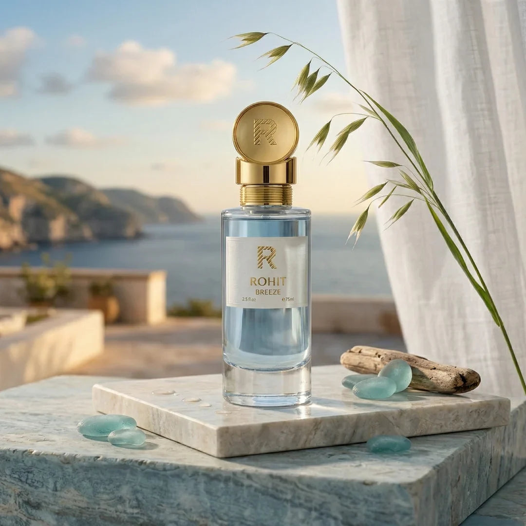 Rohit Breeze Eau de Parfum spray by Bharara, 75ml, featuring elegant bottle with floral and citrus notes, in a sleek design.