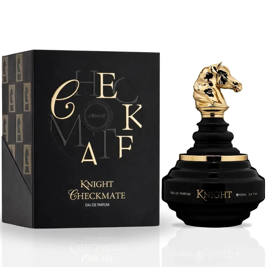 Checkmate Black Knight Eau De Parfum spray bottle by Armaf, featuring sleek black packaging and 100ml capacity.
