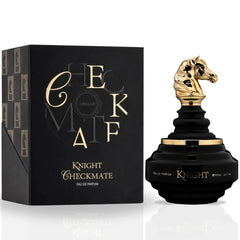 Checkmate Black Knight Eau De Parfum spray bottle by Armaf, featuring sleek black packaging and 100ml capacity.