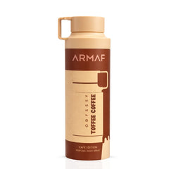 Odyssey Toffee Coffee scented body spray by Armaf, 200ml deodorant bottle with a sleek design.