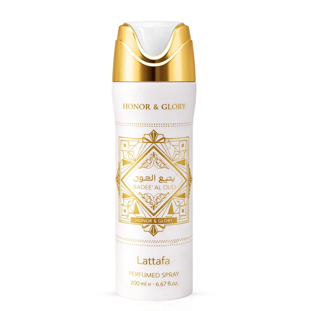 Lattafa Bade’e Al Oud Honor & Glory deodorant spray bottle, 300ml, with elegant packaging and aromatic oud fragrance.
