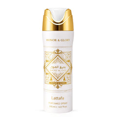 Lattafa Bade’e Al Oud Honor & Glory deodorant spray bottle, 300ml, with elegant packaging and aromatic oud fragrance.