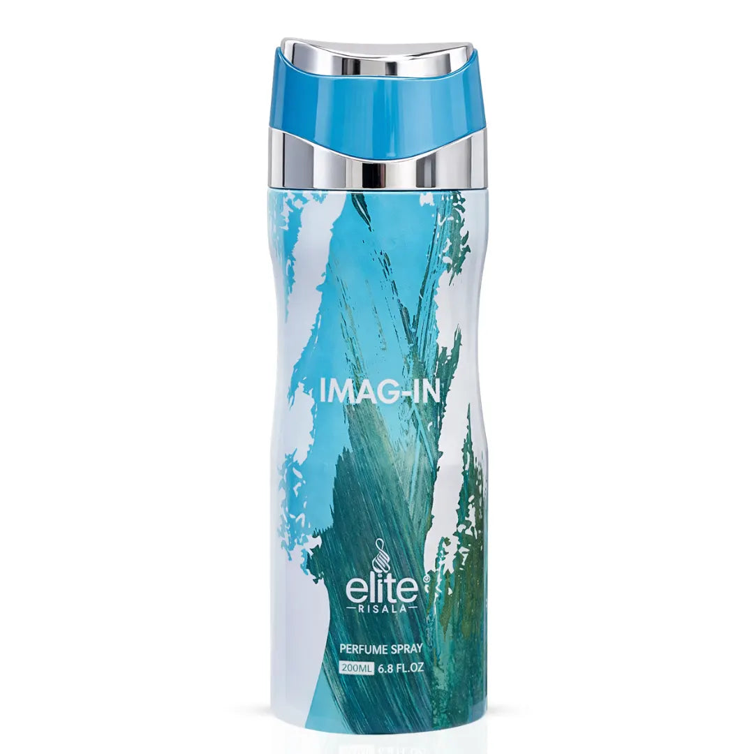 Elite Risala Imag-In Body Spray deodorant in 200ml bottle, featuring a sleek design and fresh scent.