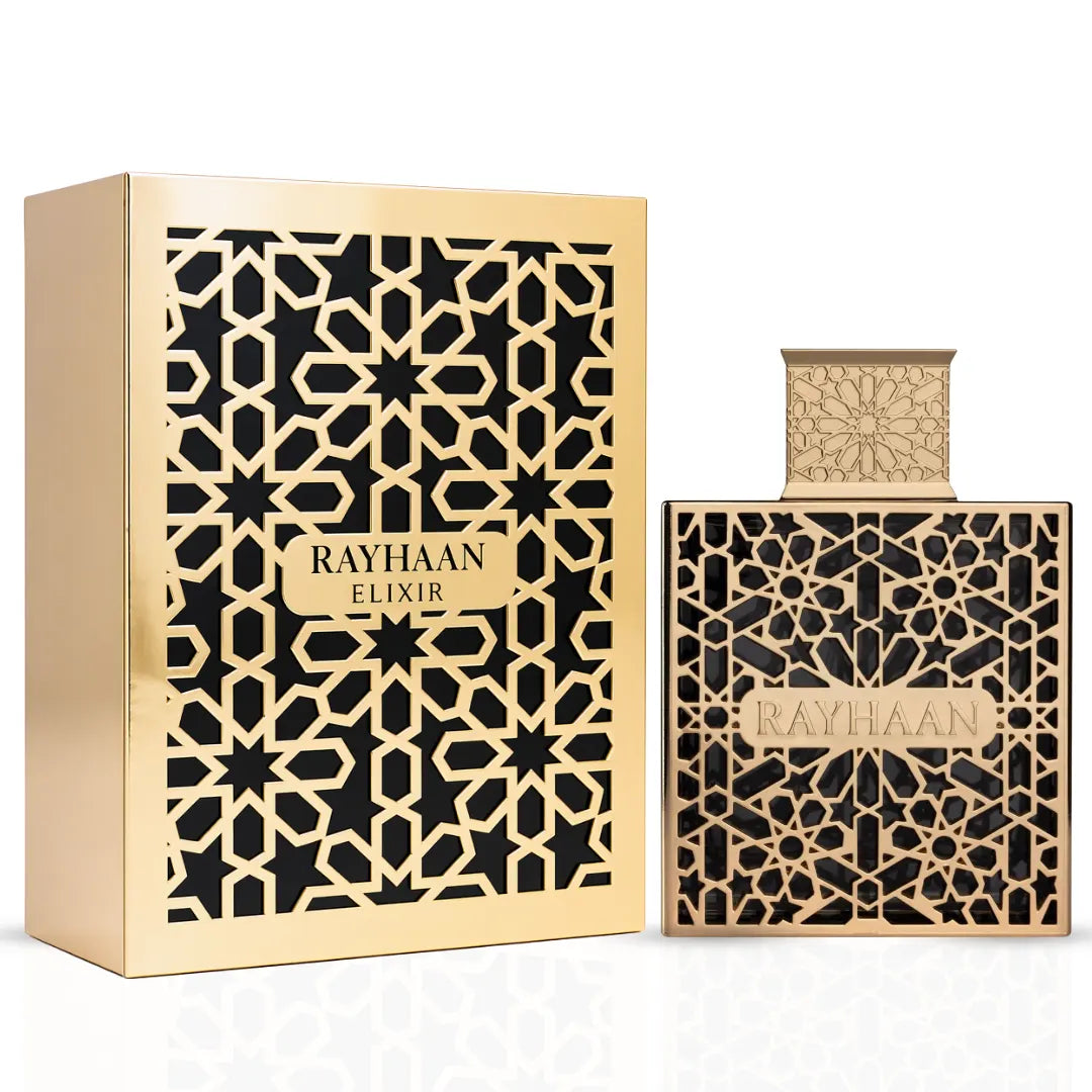 Rayhaan Elixir Eau de Parfum spray 100ml, featuring elegant glass bottle with gold accents and floral and spicy scent details.
