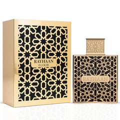 Rayhaan Elixir Eau de Parfum spray 100ml, featuring elegant glass bottle with gold accents and floral and spicy scent details.