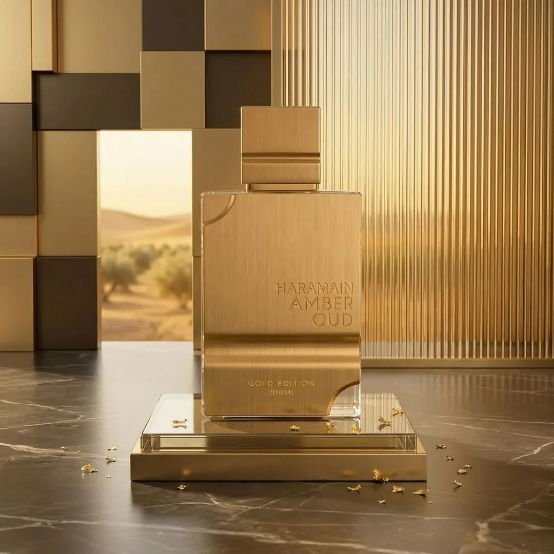 Amber Oud Gold Edition Eau de Parfum spray by Al Haramain, featuring luxurious amber and oud notes in a 200ml bottle.